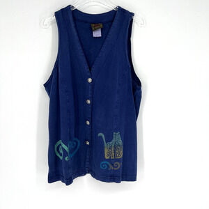 Vtg Blue Cactus Vest Womens 1X Blue Cat Lagenlook Artsy Tank Top‎ Cottagecore